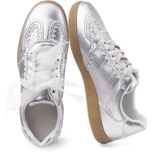 Women's Silver Casual Crochet Ribbon Ballet Trendy Cute Spring Sneakers Shoes